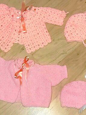 Vtg 2 Handmade Baby Hat and Sweater Sets size 0-3 months
